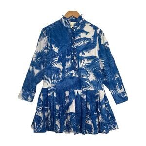 Fox and Hen Dress Womens Extra Small Blue White Tropical Ruffle Boho Hawaiian